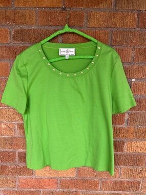 VTG St. John Sport T Shirt Lime Green Gold Embellishments Preppy Vacation Sz M
